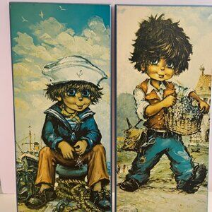 1960's Vintage Big Eyes Art / 1 Sailor Boy / 1 Boy with Basket by Michel Thomas